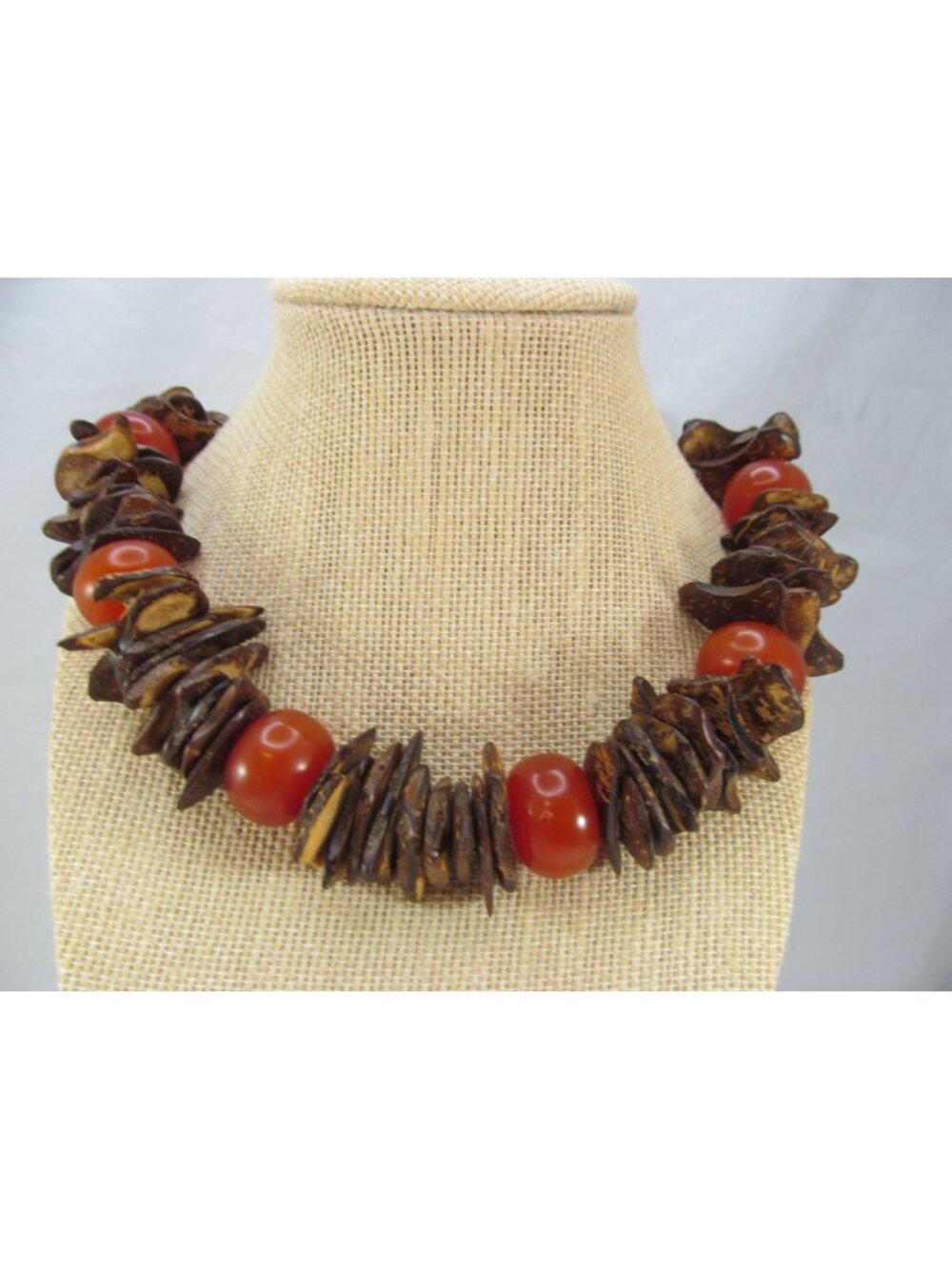Vtg Boho Tropical Choker Necklace Carnelian Acrylic Beads Sliced Coconut Shells